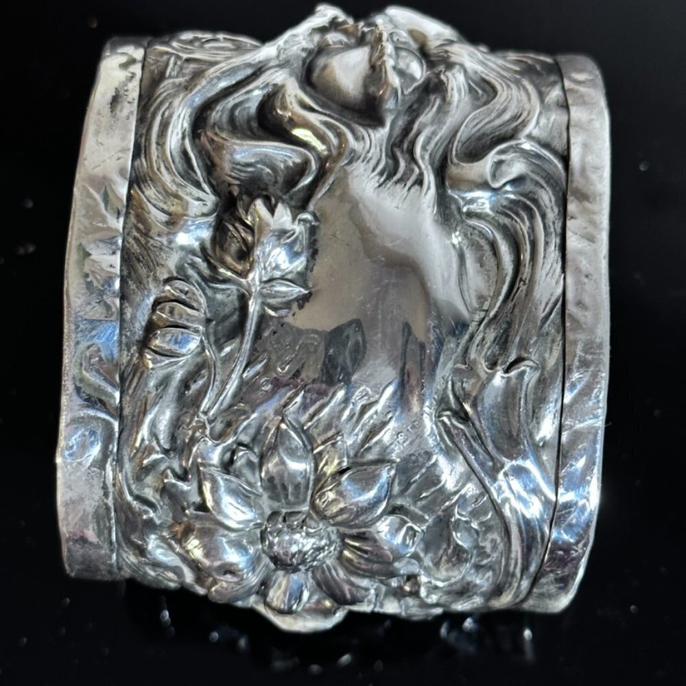 Art Nouveau Sterling Silver 925 Cuff Bracelet Lady Face Floral Alphonse Mucha - Picture 1 of 9